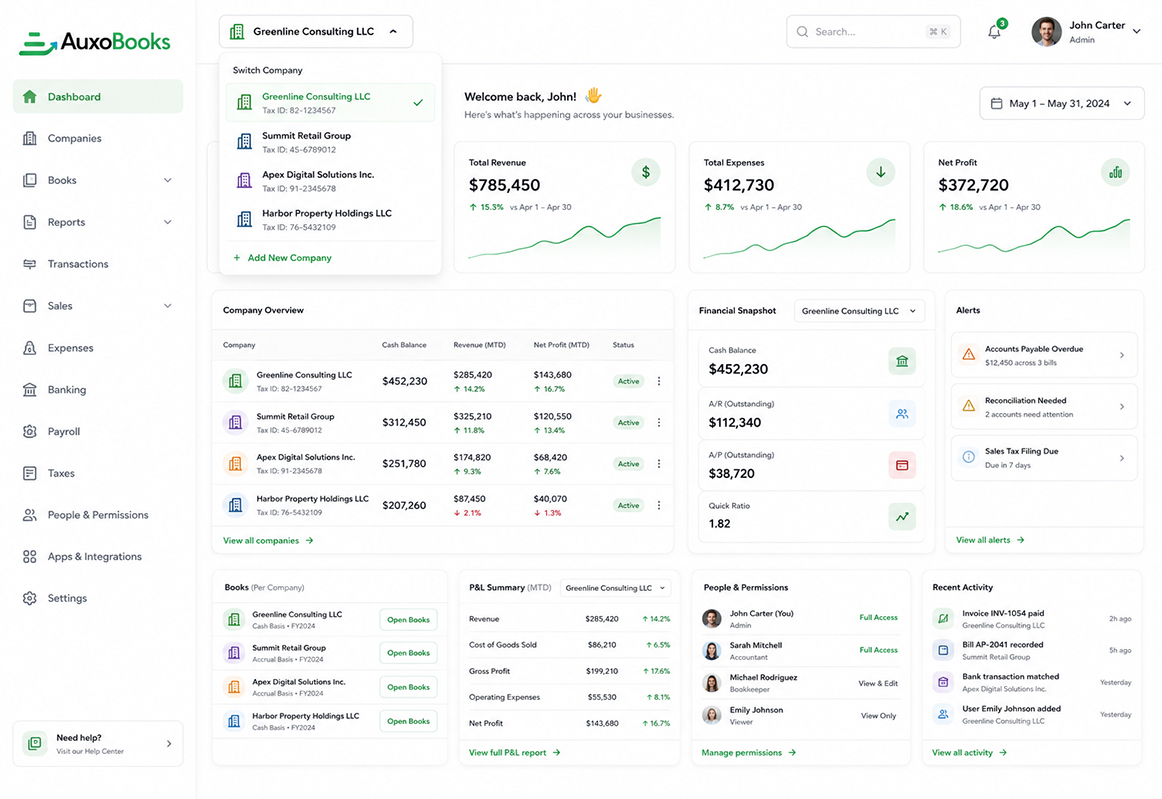 AuxoBooks multiple business management