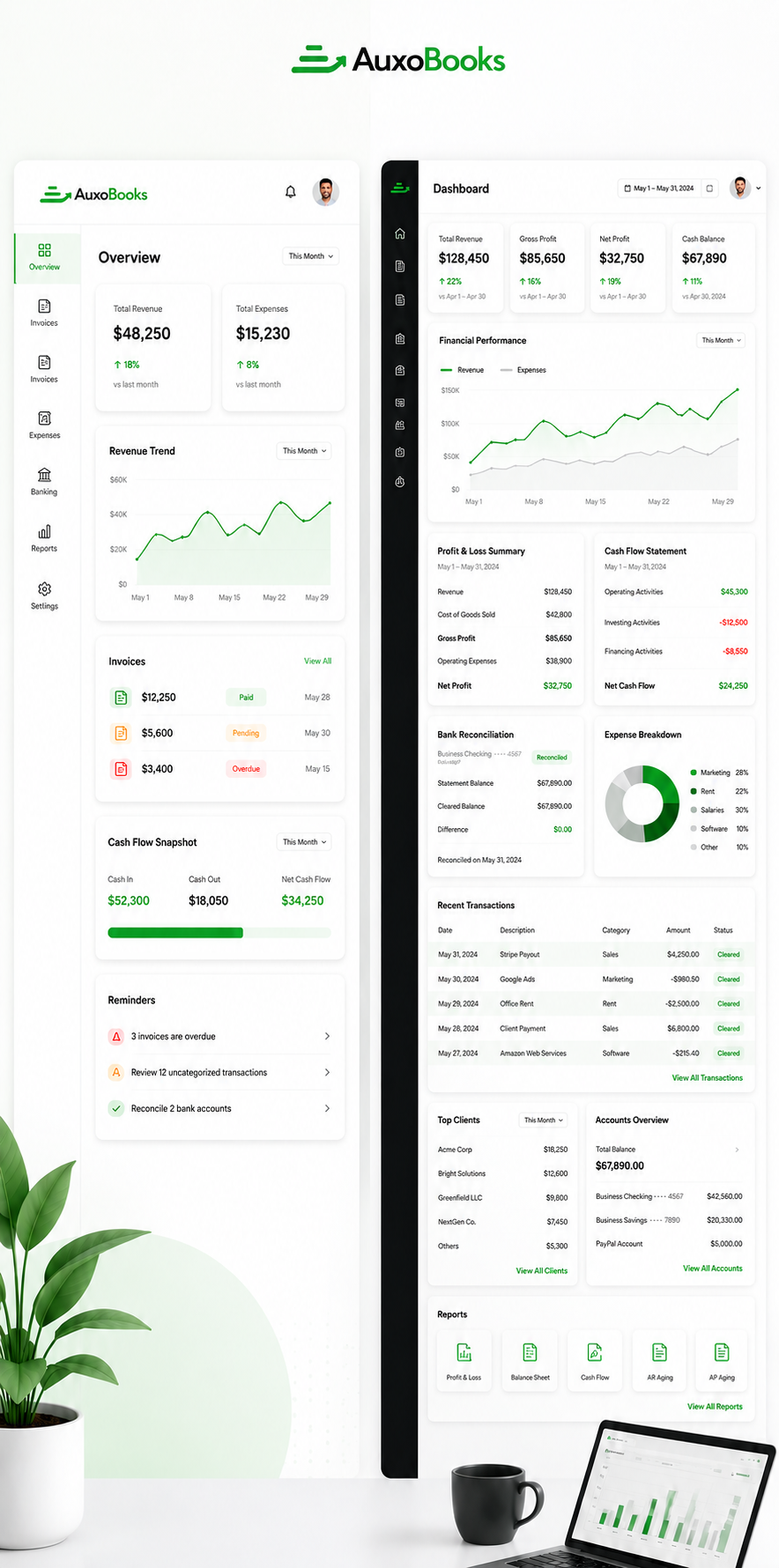AuxoBooks accounting depth dashboard