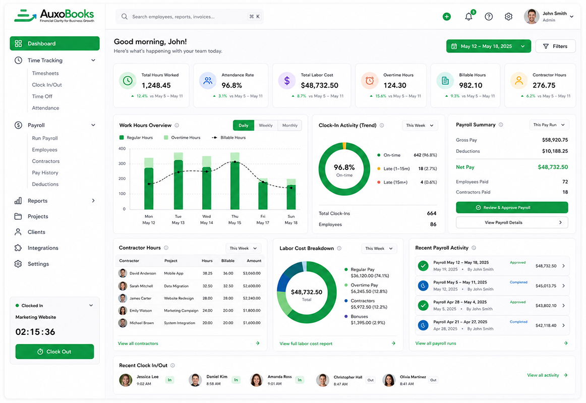 AuxoBooks time tracking and payroll
